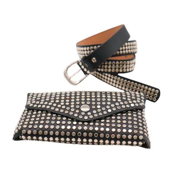 Women Black Faux Leather Skinny Belt + Wallet Bag Silver Studs Size S M z037 main image 5